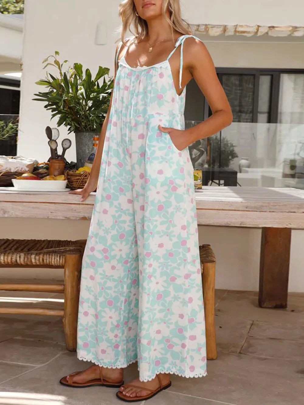 Elegant Printed Wide Leg Jumpsuit with Pockets
