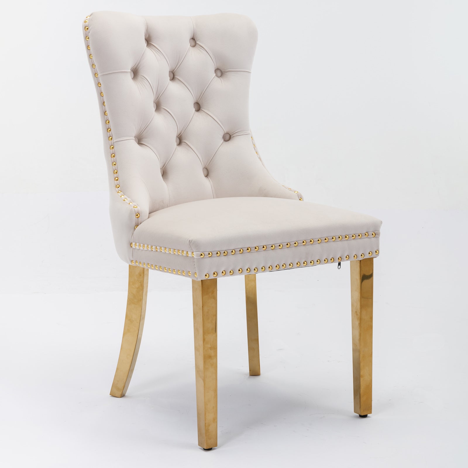 Tufted solid wood velvet soft cushion dining chair gold stainless steel plated leg nail head set of 2 pieces beige and gold - Korvel