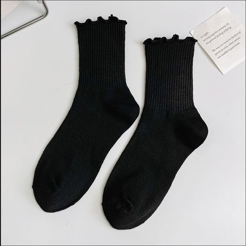 1 pair of ruffled JK socks for women mid-tube spring, autumn and summer solid color Japanese lace pile socks - Korvel