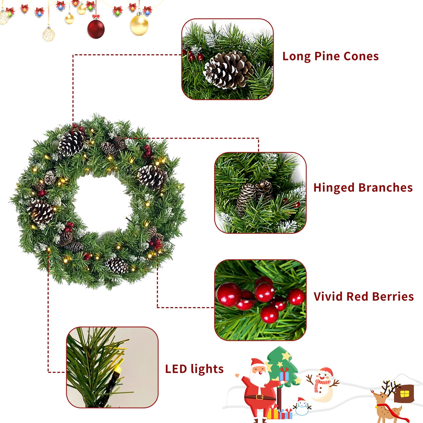 Christmas Tree Artificial Christmas 4-piece Set, including flower wreath, flower wreath, and 2 entrance trees, with LED lights - Korvel