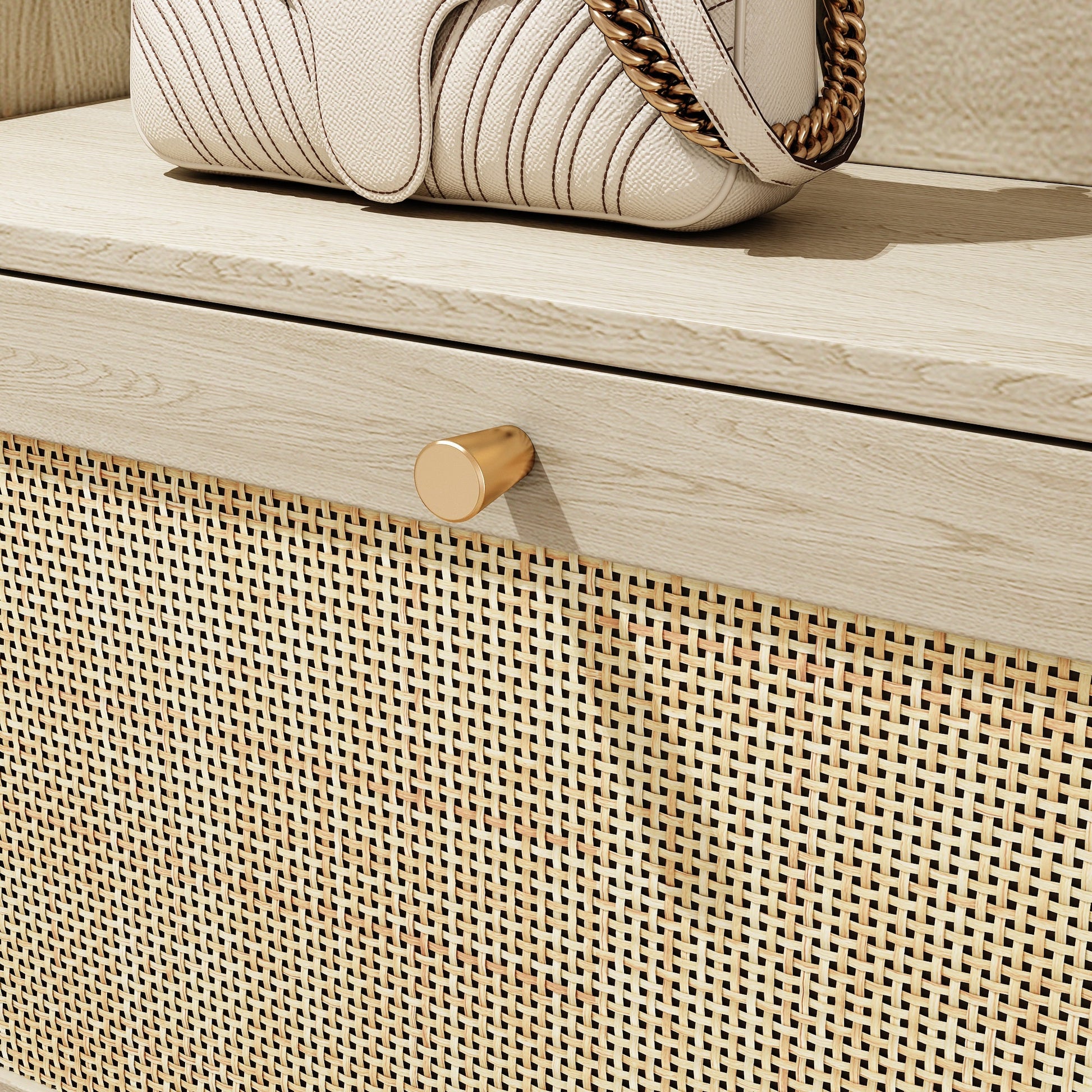 Natural Bohemian style shoe cabinet with 3 rattan flip drawers, 3 square shelves, and 1 storage drawer,  Natural - Korvel