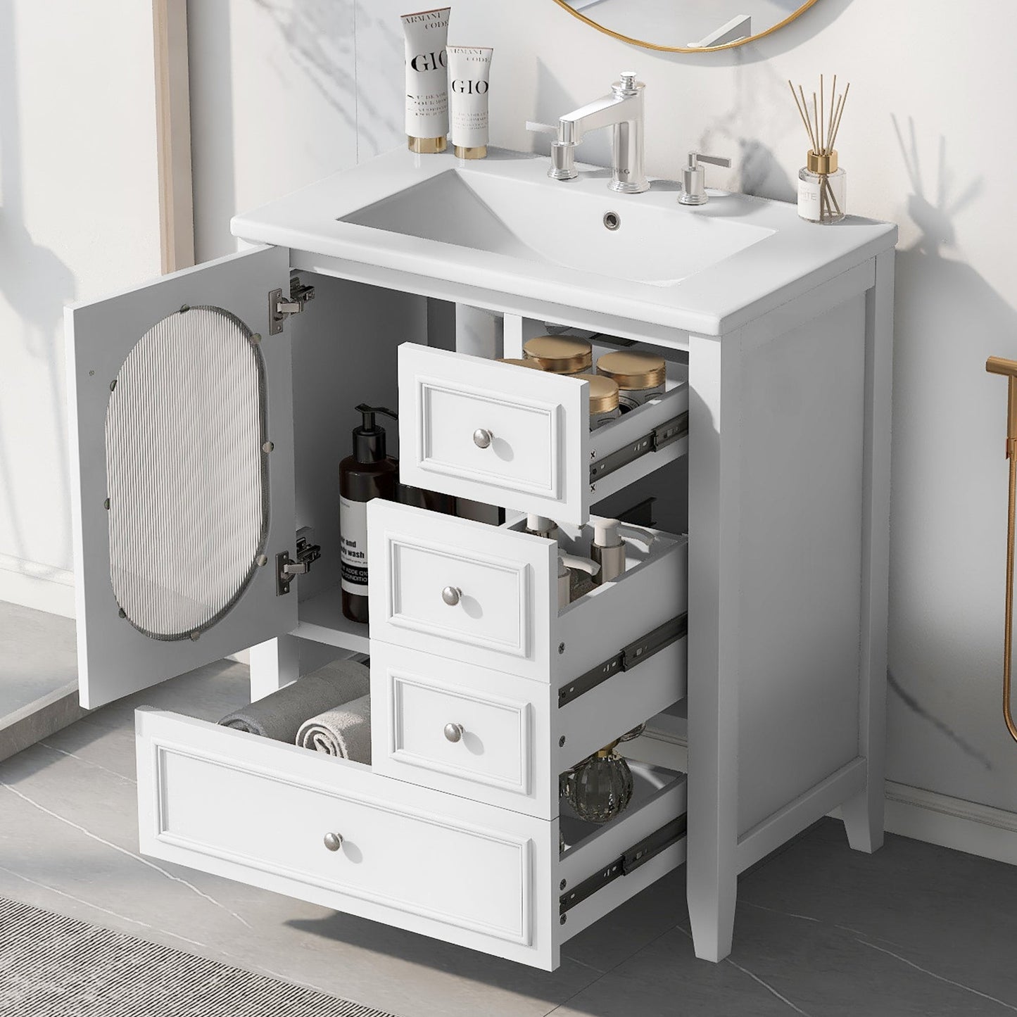 30" Bathroom Vanity with Sink, Bathroom Vanity Cabinet with Three Drawers and Door, Solid Wood and MDF, White - Korvel