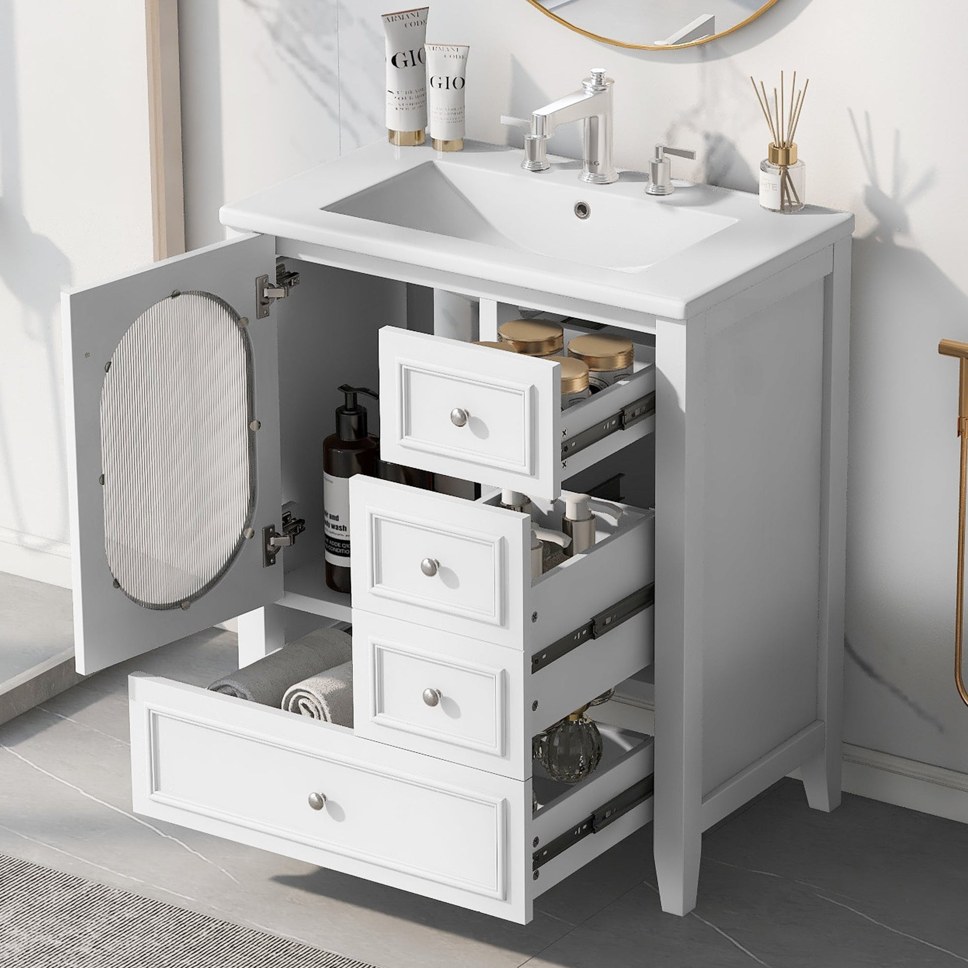 30" Bathroom Vanity with Sink, Bathroom Vanity Cabinet with Three Drawers and Door, Solid Wood and MDF, White - Korvel