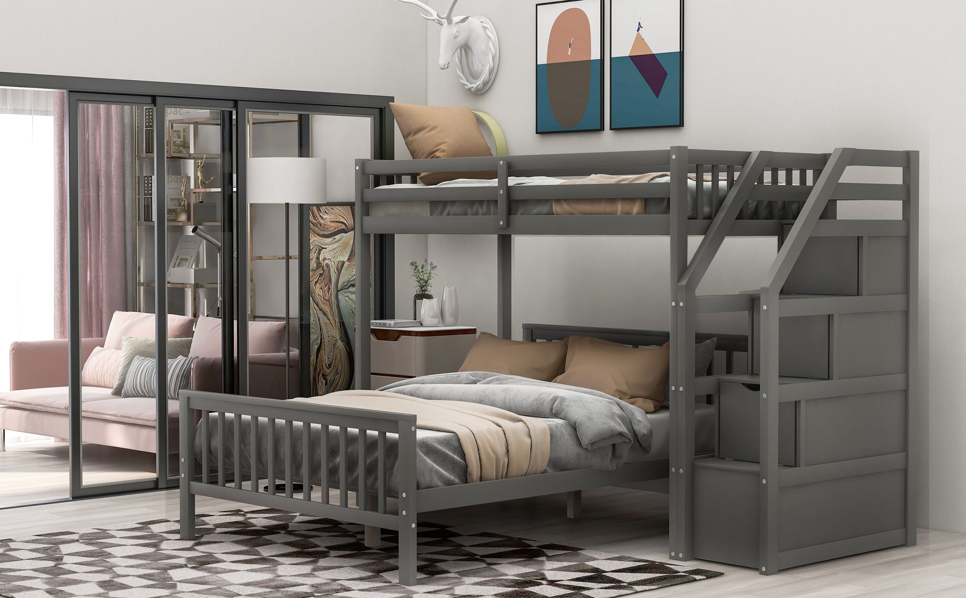 Twin over Full Loft Bed with Staircase Gray - Korvel