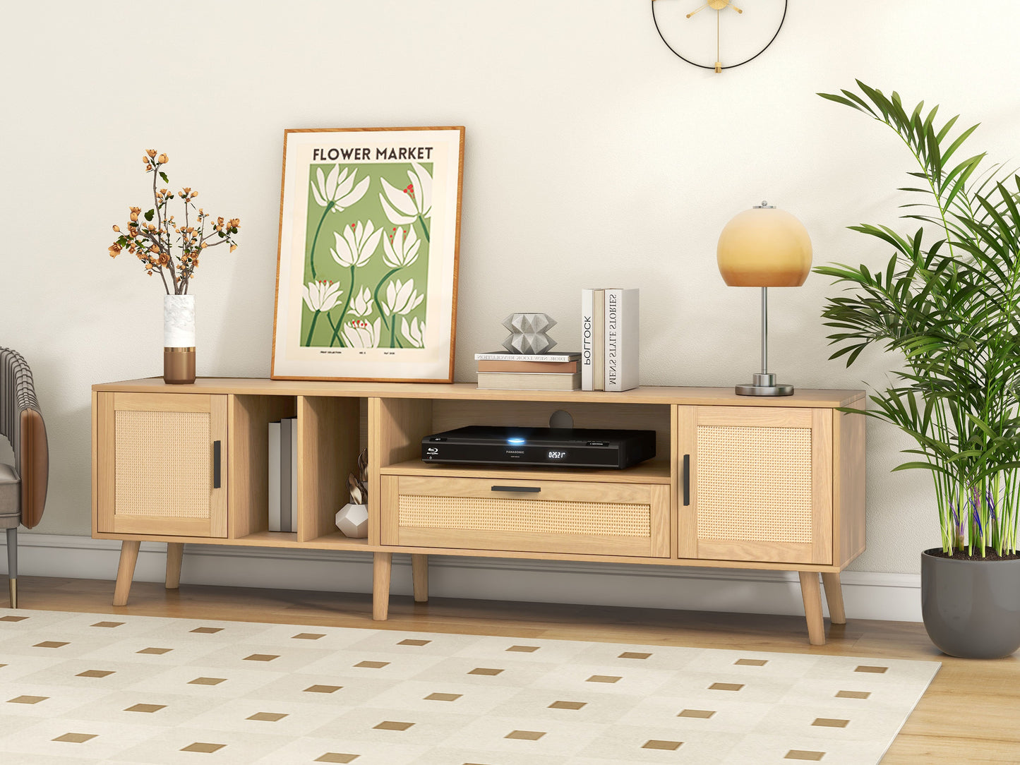 Vine TV stand with 2 cabinets and 2 open shelves, suitable for TVs under 80 inches, with solid wood legs for TV cabinets - Korvel