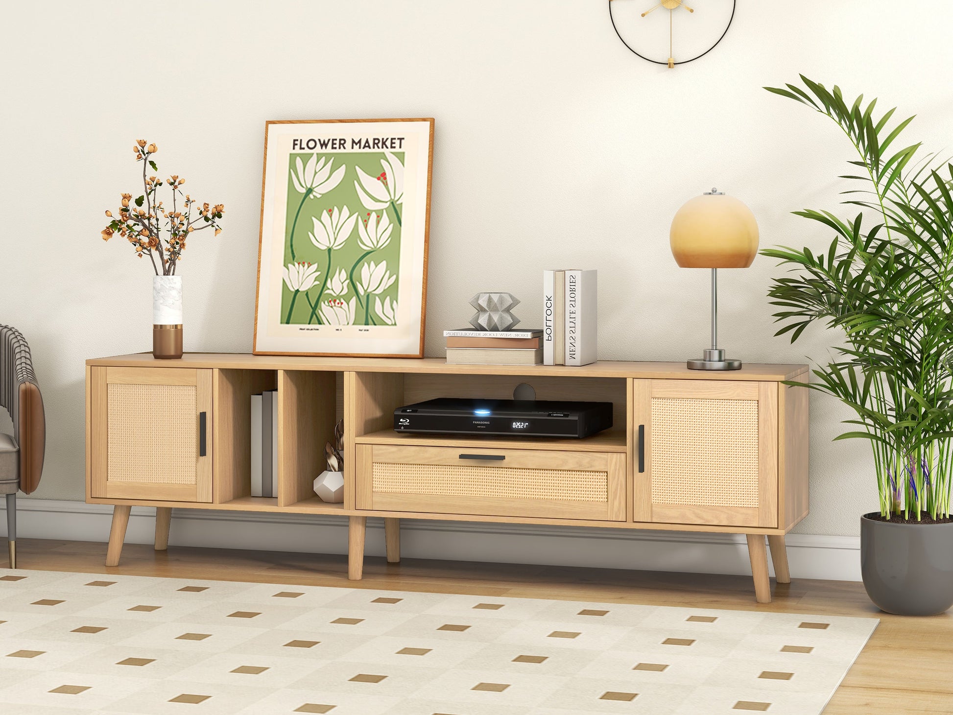 Vine TV stand with 2 cabinets and 2 open shelves, suitable for TVs under 80 inches, with solid wood legs for TV cabinets - Korvel