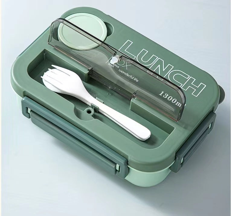 Microwaveable sealed lunch box with compartments and sauce box with cutlery - Korvel
