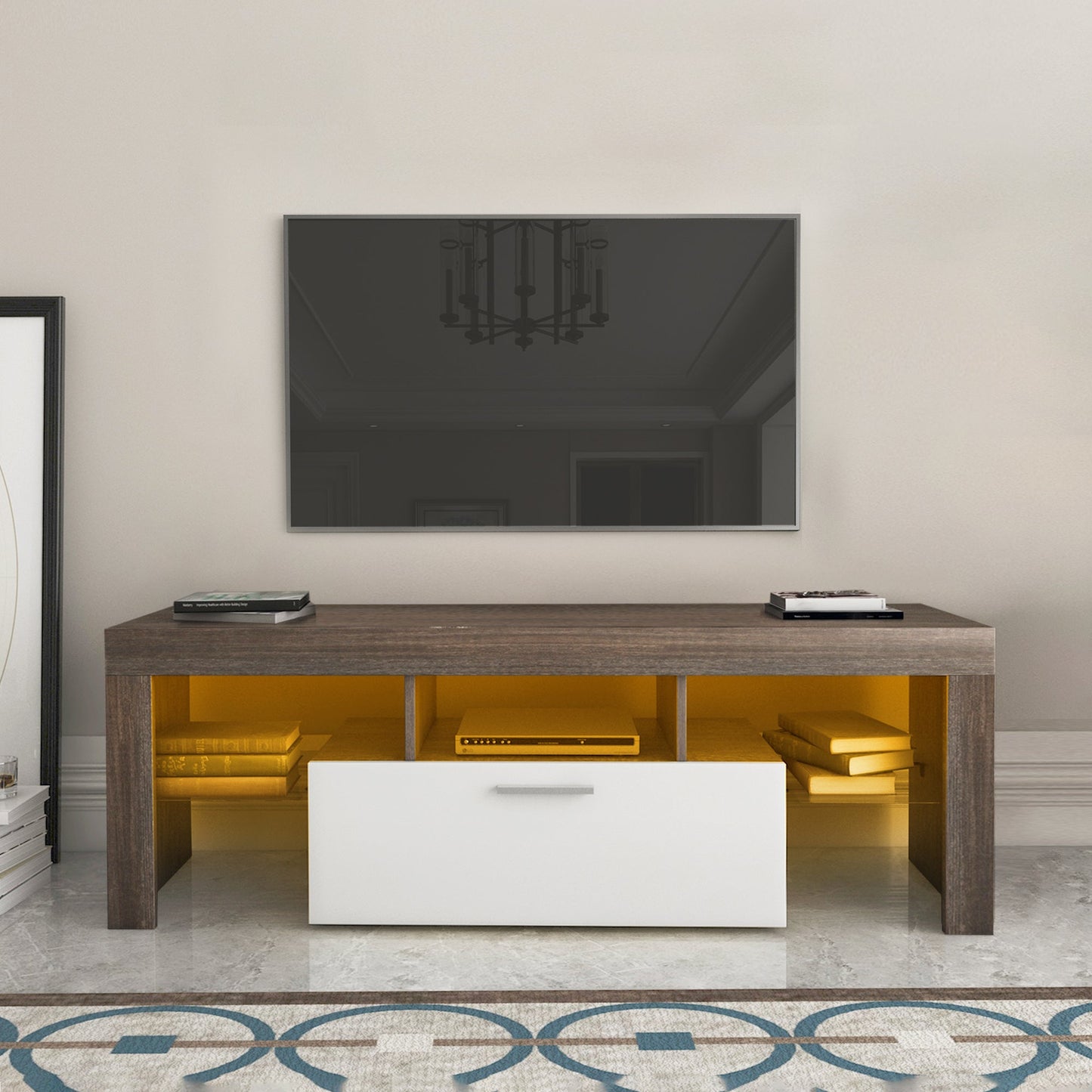 Modern Brown and White TV Stand with Quick Assembly
