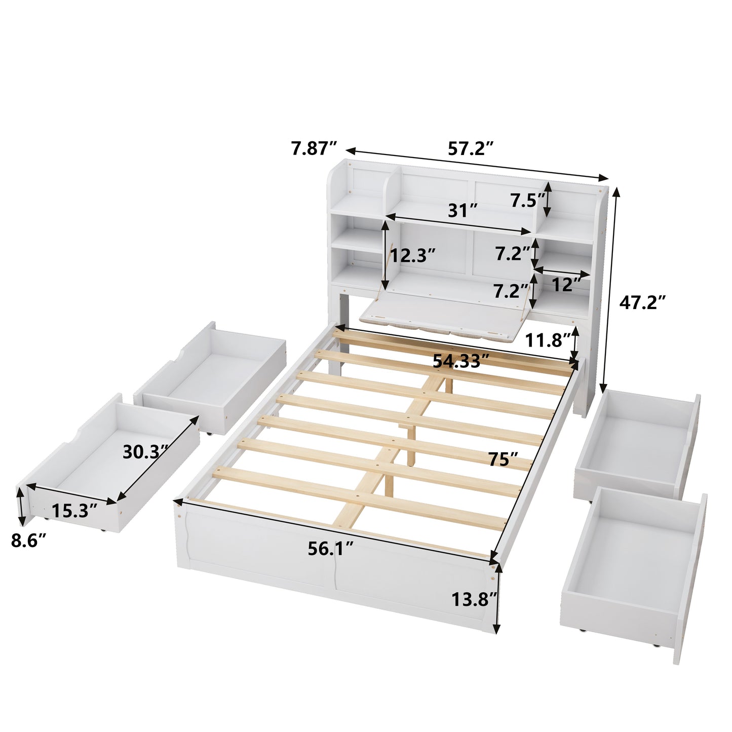 Multi-functional Full Size Bed Frame with 4 Under-bed Portable Storage Drawers and Multi-tier Bedside Storage Shelves White - Korvel