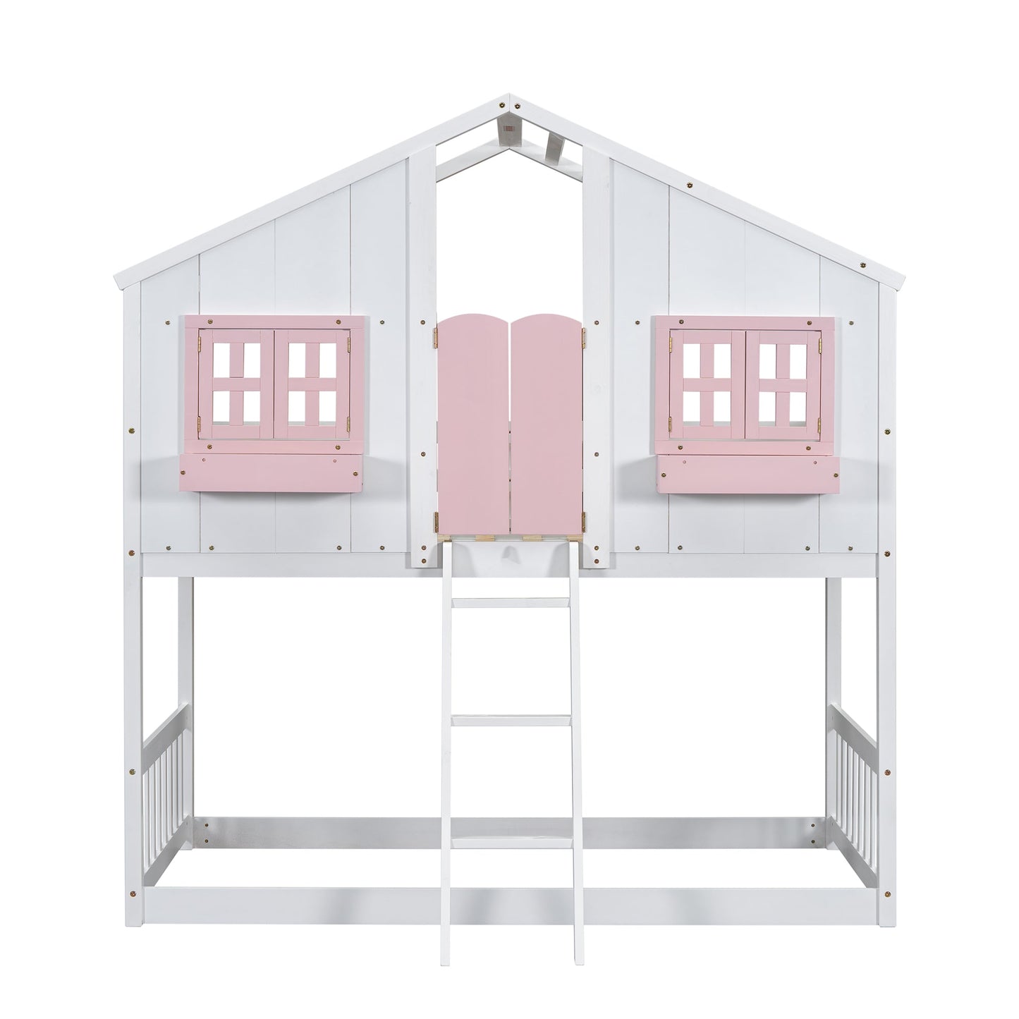 Twin over Twin House Bunk Bed with Roof , Window, Window Box, Door , with Safety Guardrails and Ladder, Pink/White - Korvel