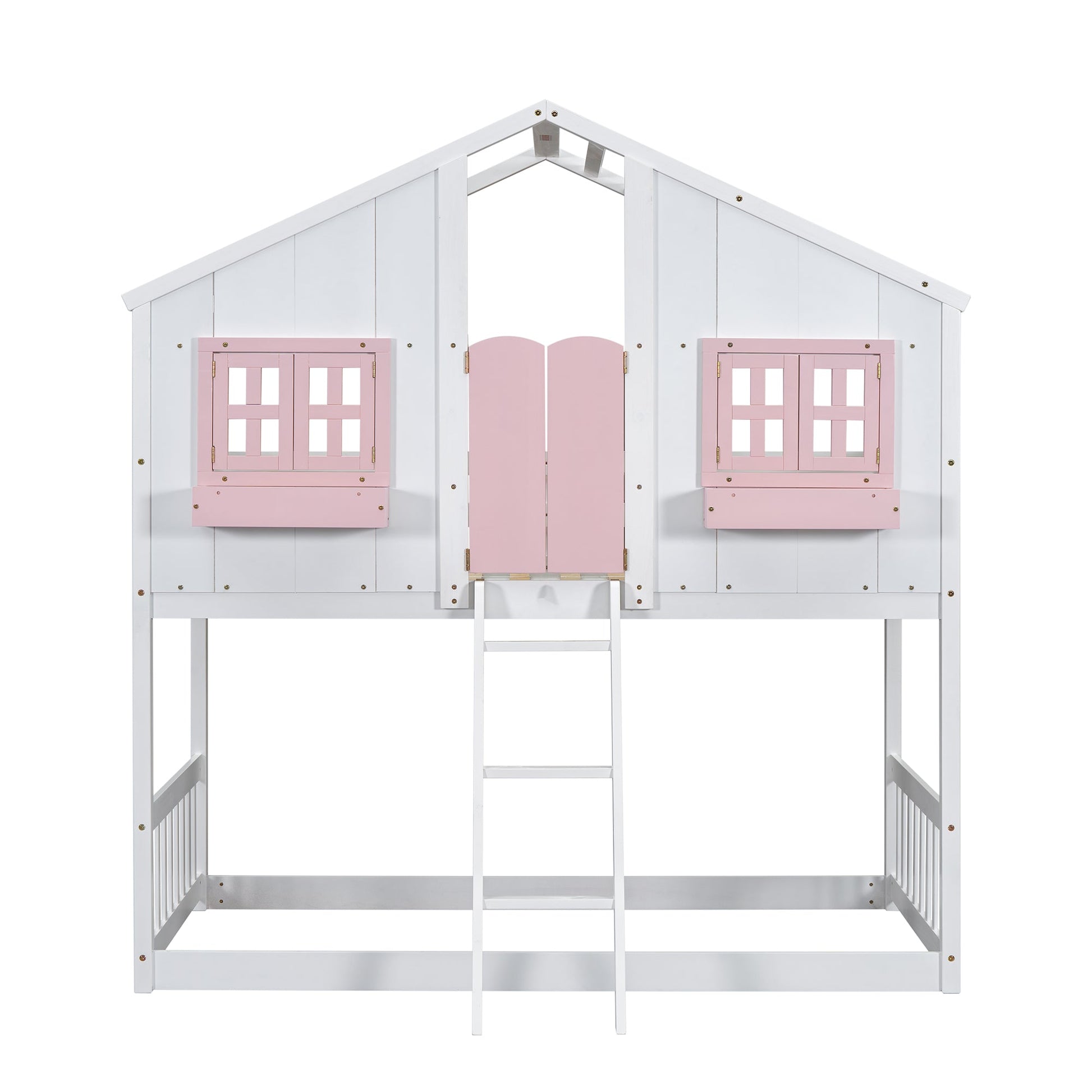 Twin over Twin House Bunk Bed with Roof , Window, Window Box, Door , with Safety Guardrails and Ladder, Pink/White - Korvel