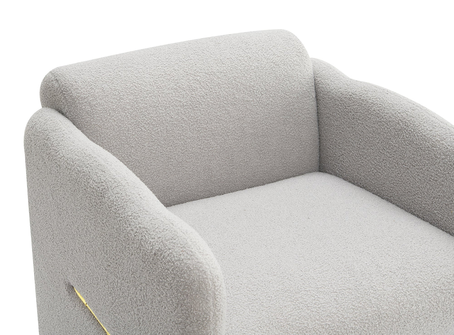 Armchair with wavy armrests, metal decorations on both sides of the armrests, made of Teddy cloth, light gray - Korvel