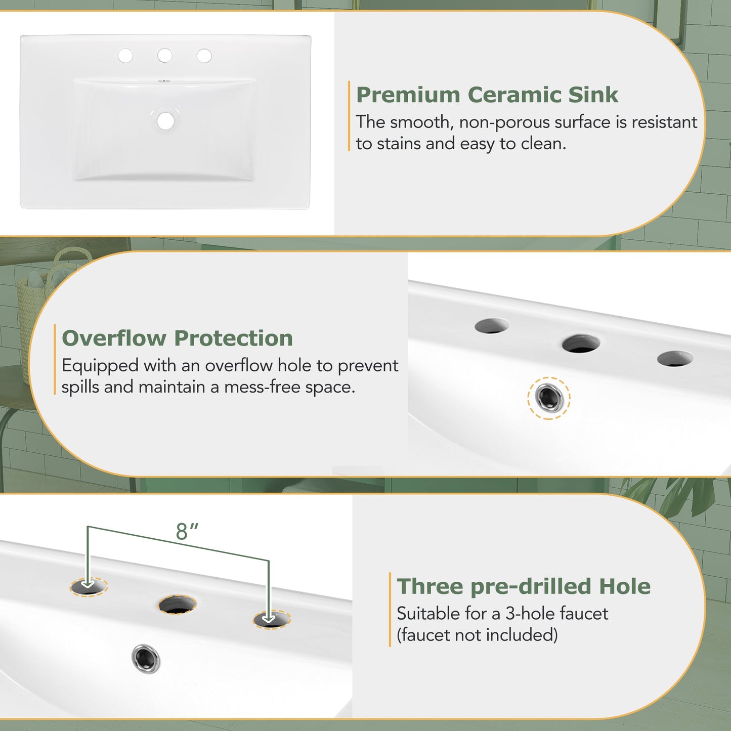 30-Inch Green Bathroom Vanity with Ceramic Sink
