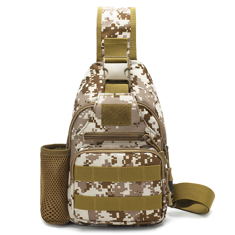 Tactical crossbody sling backpack. Has water bottle holder, MOLLE system, USB charging port. Ideal for travel and walks. Cp Camo - Korvel