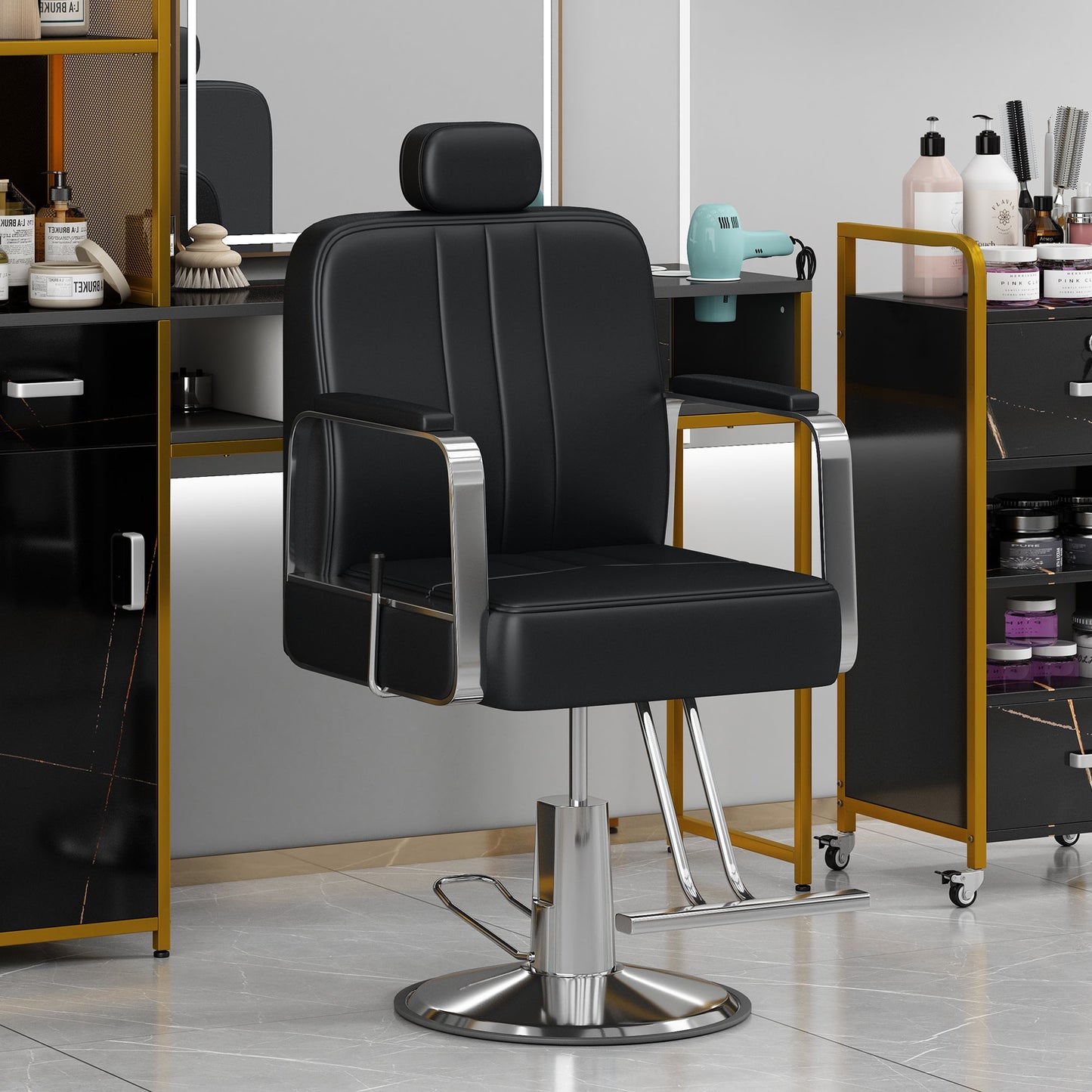 Premium Reclining barber Chair Salon Chair for Hair Stylist with Heavy Duty Hydraulic Pump, 360° Rotation  Black - Korvel