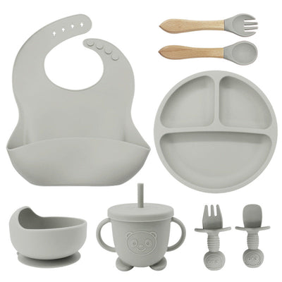8PCS Mother and baby silicone bibs, silicone dinner plates, eight-piece set, baby food training suction cup bowl, baby divided tableware set - Korvel