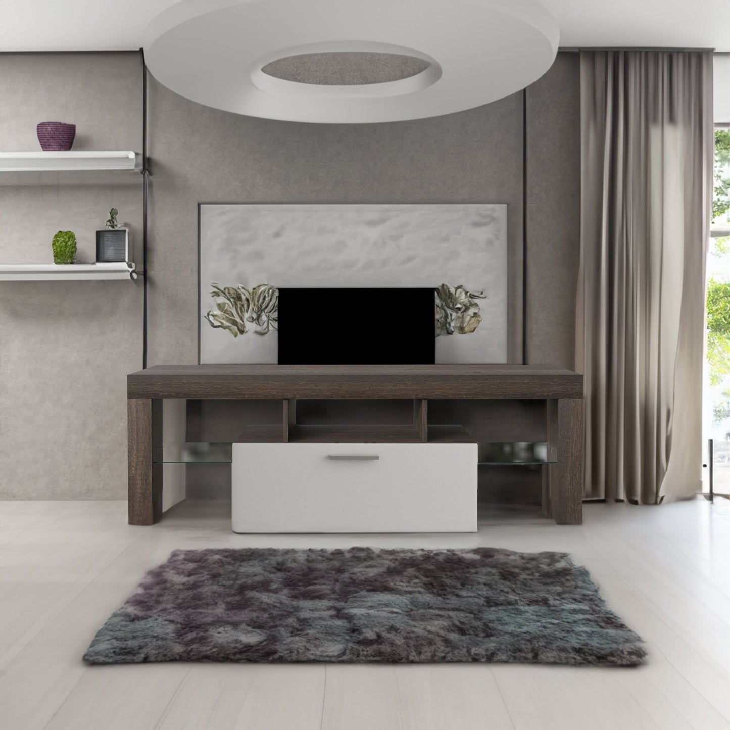 Modern Brown and White TV Stand with Quick Assembly