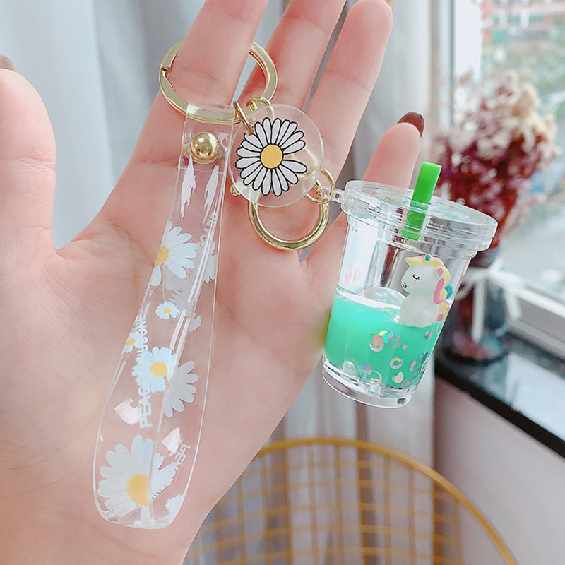 Glitter Quicksand Key Chain Liquid Floating Unicorn Keyring Keychain Bag Charm Milk Tea Cup Pendant Keyfob Gift for Women - Korvel