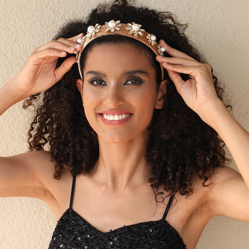 Retro Baroque Large Pearl Flower Set with Colorful Diamonds Fashion Hair Hoop - Korvel