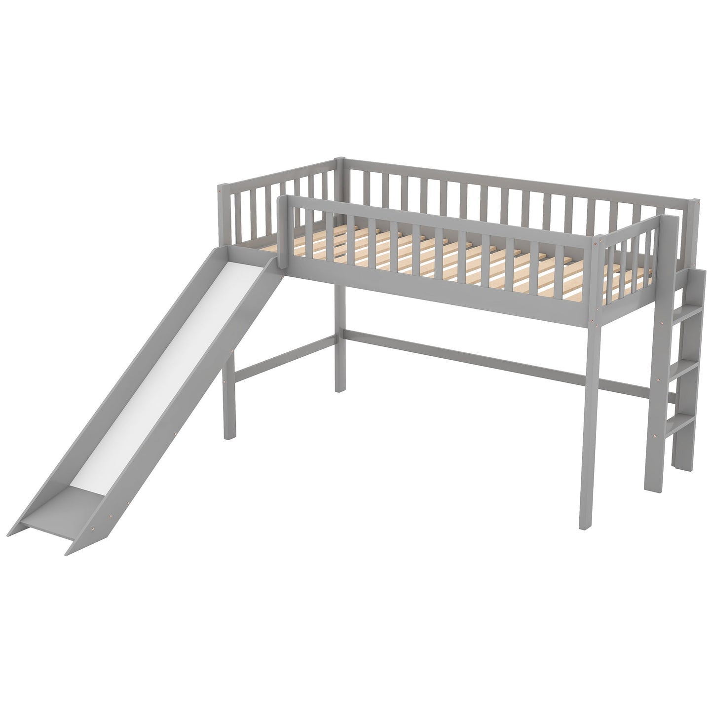 Cama baja tipo loft tamaño twin con escalera y tobogán - Gris