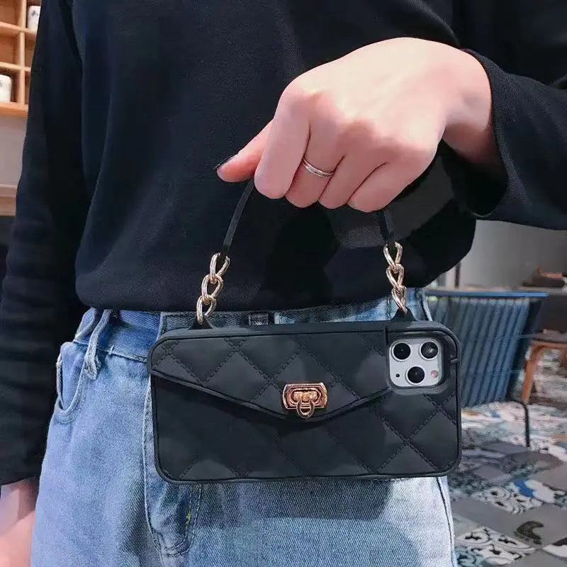 Coque de téléphone de luxe pour femmes avec lanière en chaîne