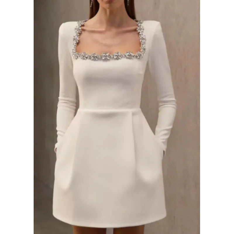 Women's Spring Elegant Square Collar Pearl Ruffled Dress