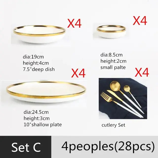 Ensemble de Plateaux à Dîner en Porcelaine Blanche à Bord Doré Mat