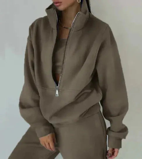 Women's Zipper Fleece Sweater Casual Set