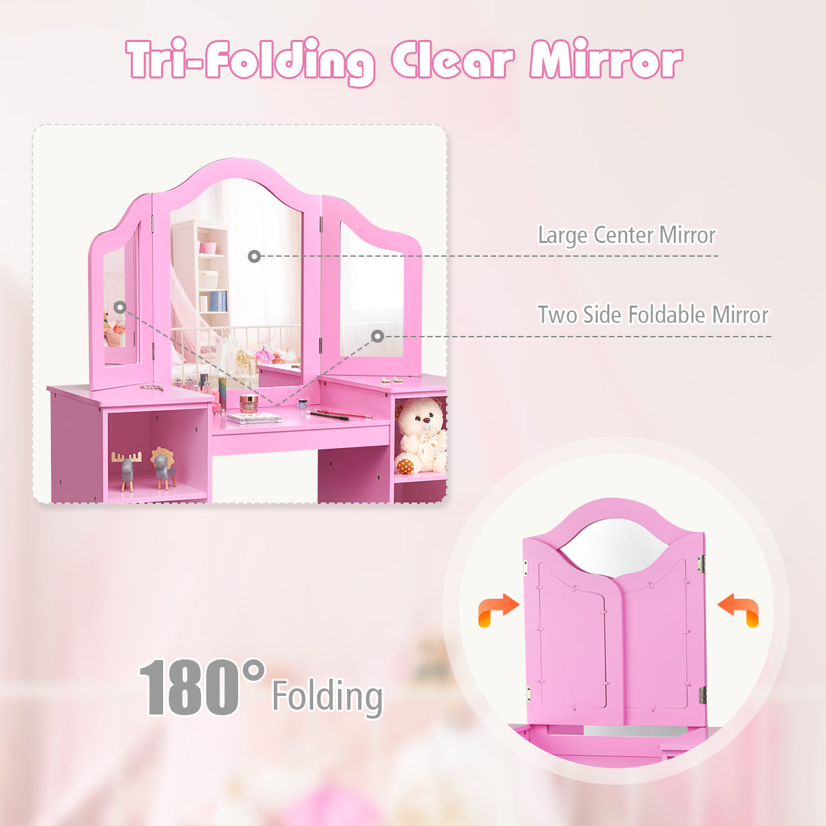 Kids Tri Folding Mirror Makeup Vanity Table Set - Pink