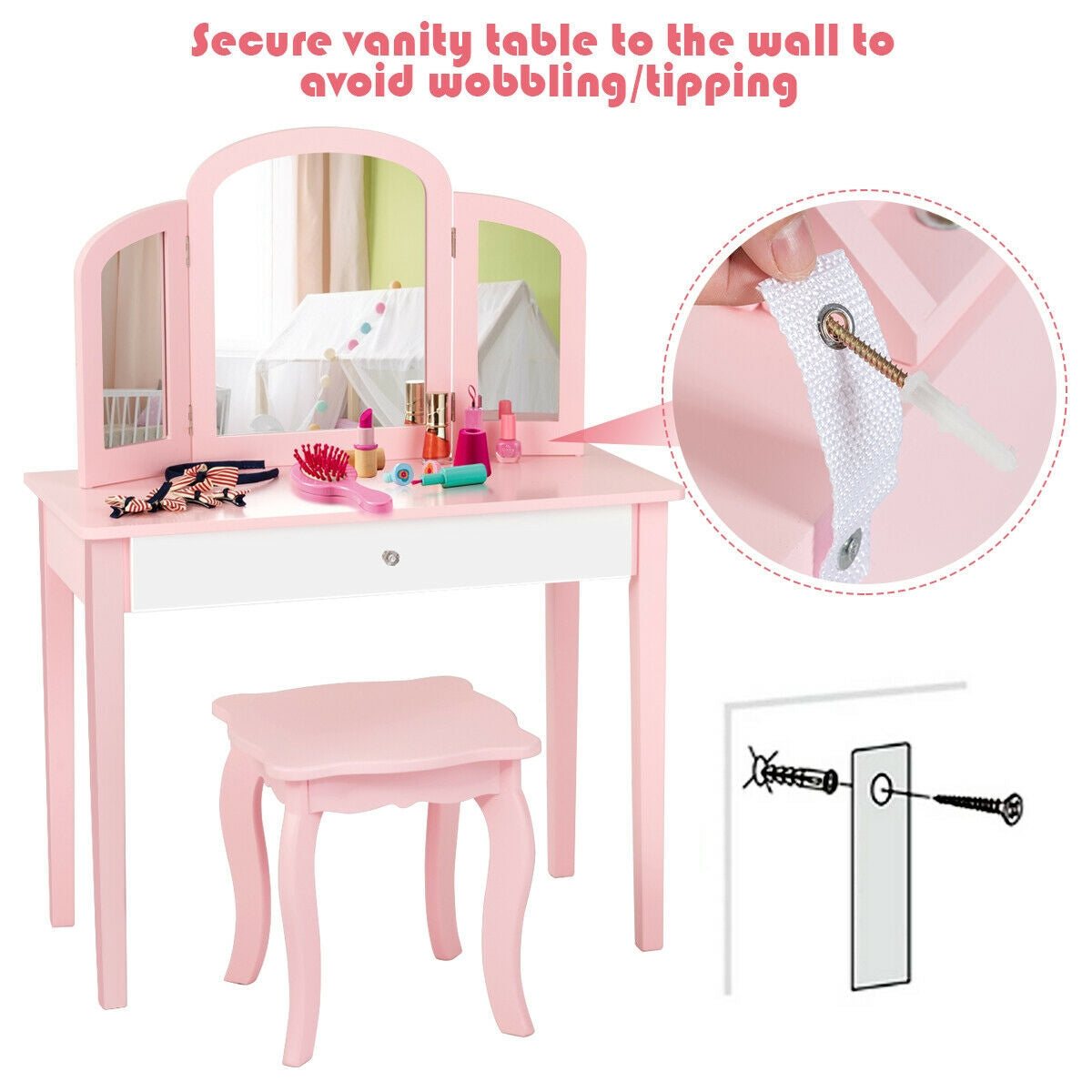 Kids Princess Make Up Dressing Table with Tri-folding Mirror - Pink