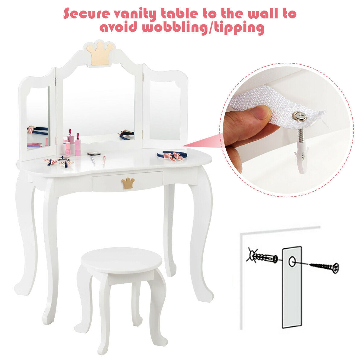Kids Makeup Dressing Table with Tri-fold Mirror and Stool - White