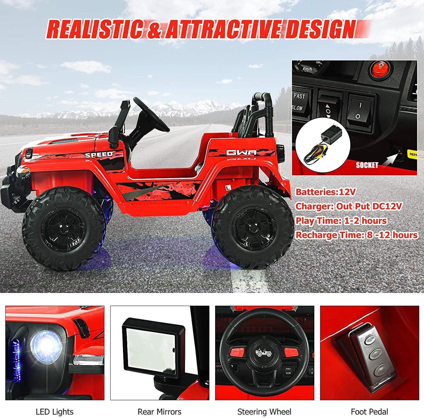 Coche Jeep Eléctrico para Niños de 12V con Control Remoto - Rojo
