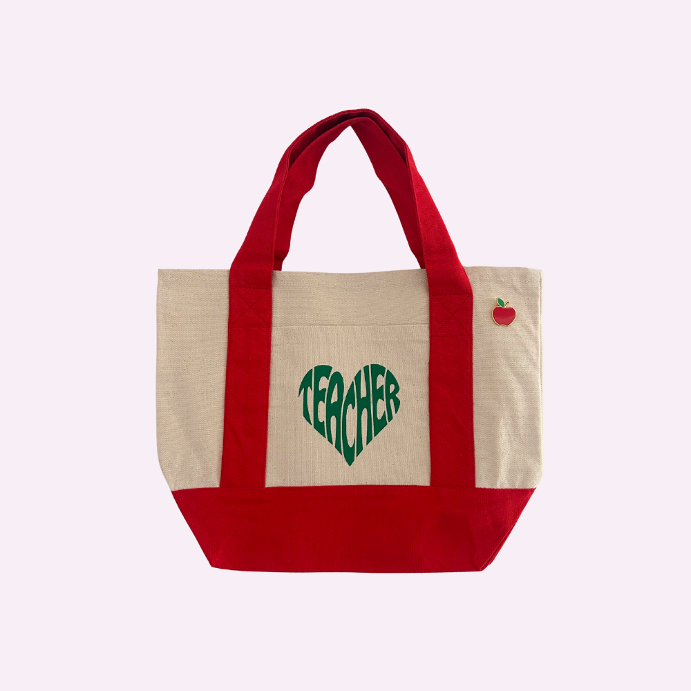 Teacher Tote Mini Canvas Bag with Apple Pin