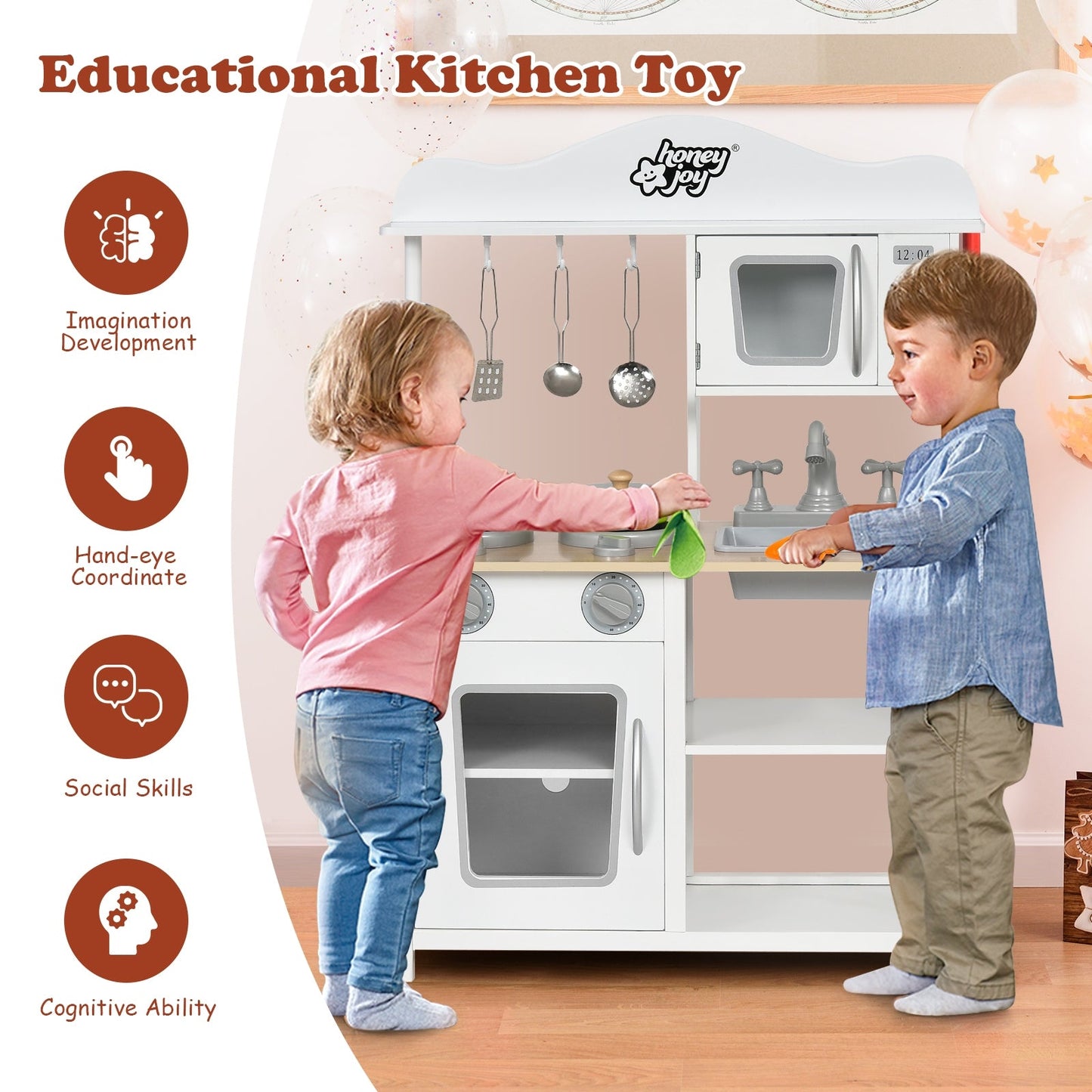 Wooden Pretend Play Kitchen Set for Kids with Accessories