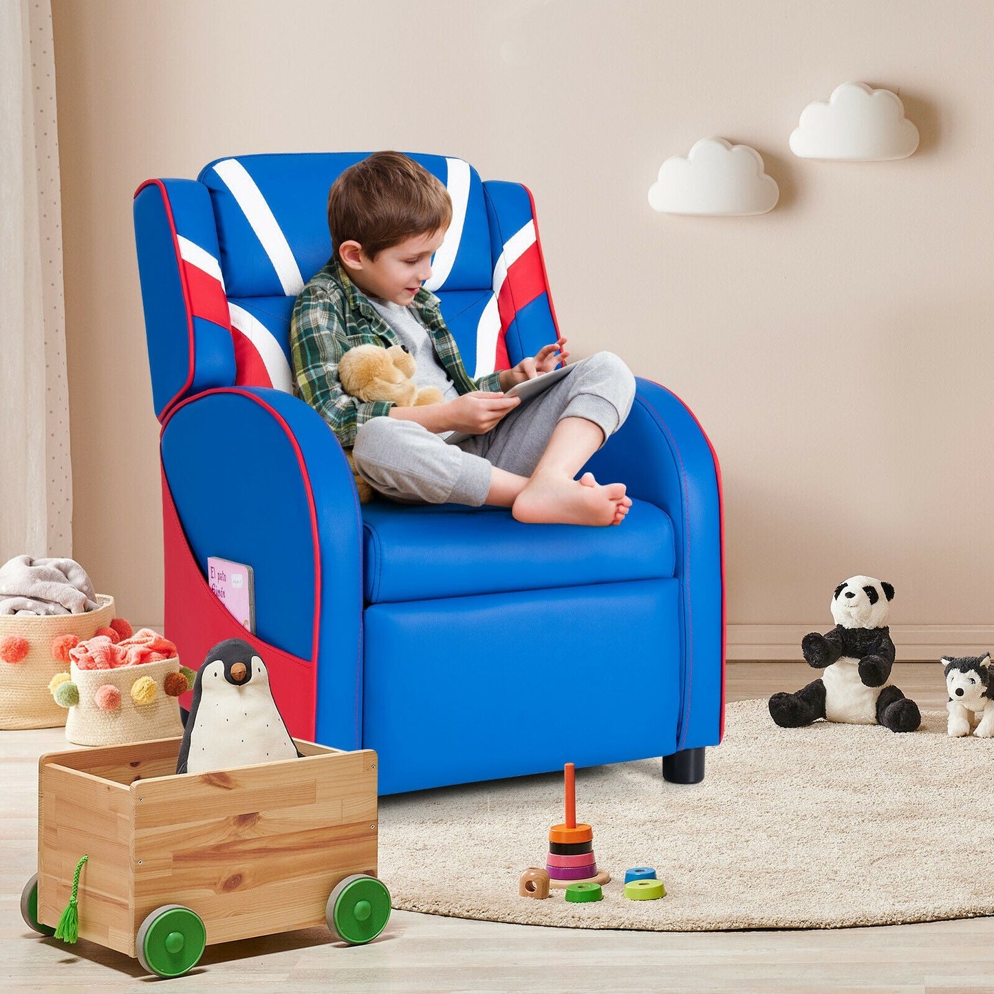 Fauteuil inclinable en cuir pour enfants avec poches latérales - Bleu