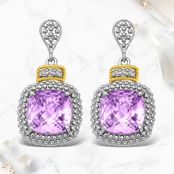 18k Yellow Gold & Sterling Silver Amethyst & Diamond Earrings