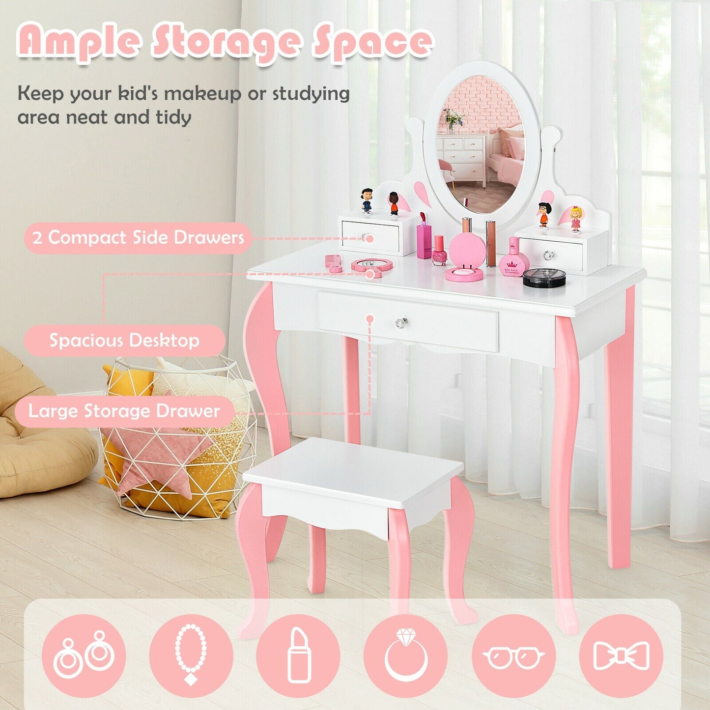 Conjunto de Mesa de Maquillaje para Niñas Princesa con Taburete - Blanco