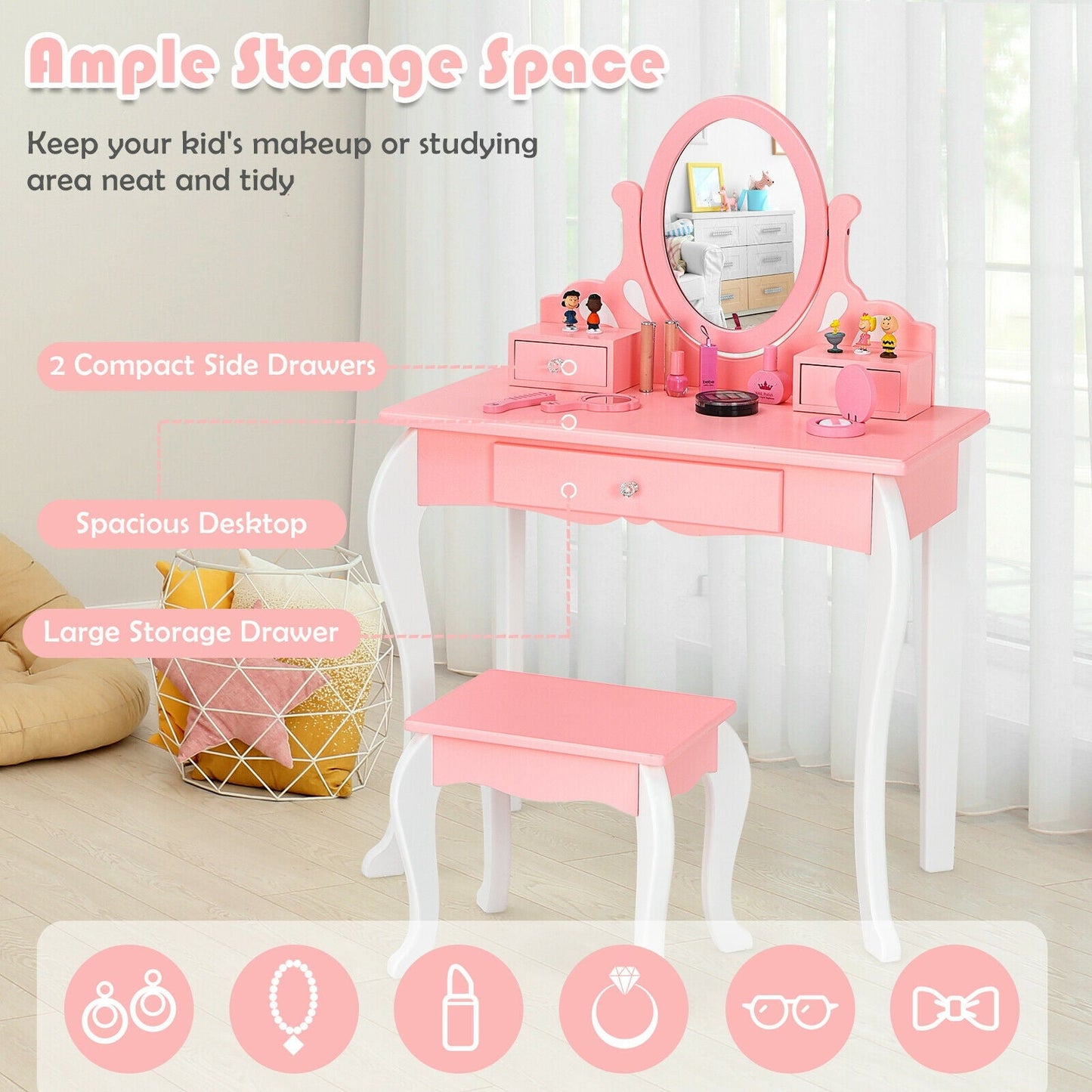 Ensemble de Table de Maquillage pour Enfants Princesse - Rose