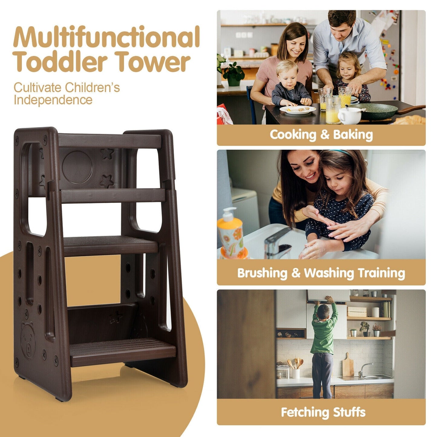 Kids Kitchen Step Stool with Double Safety Rails - Brown