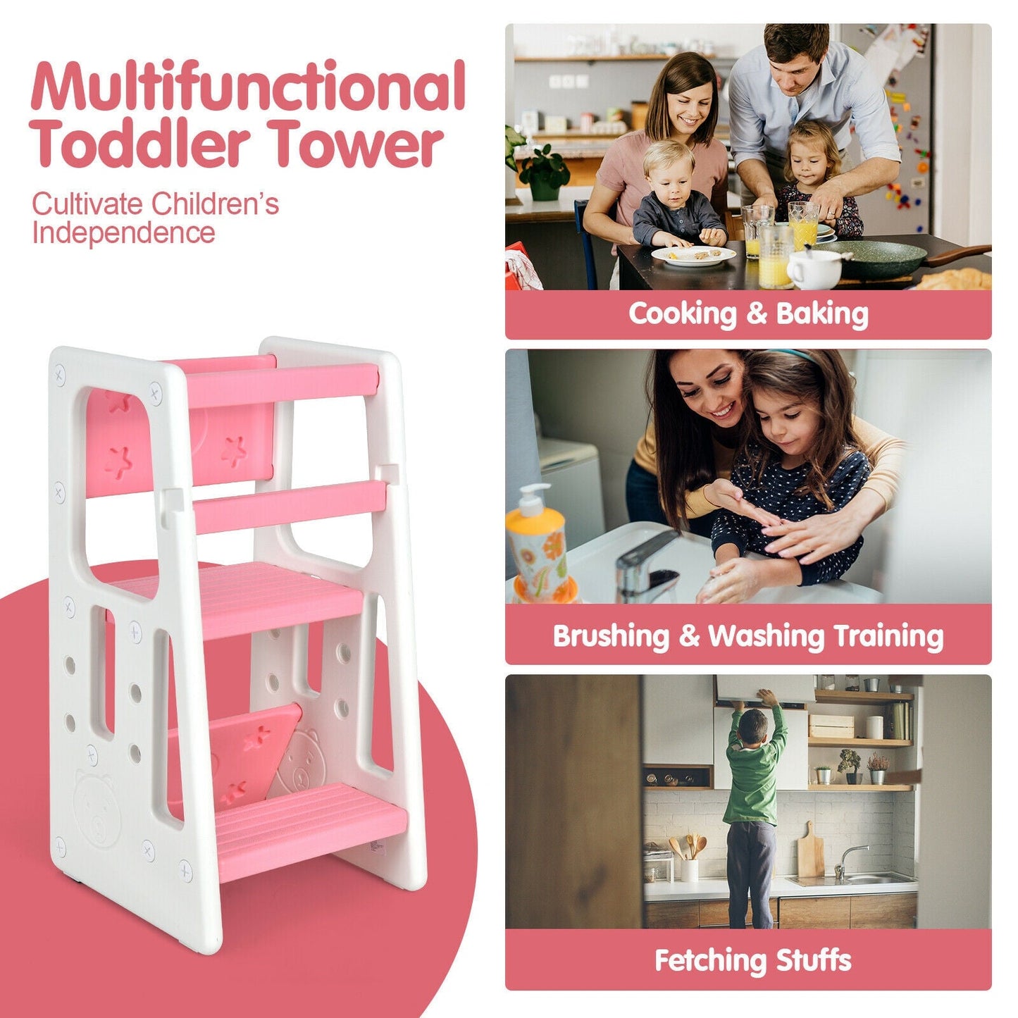 Marchepied de Cuisine pour Enfants avec Double Barrière de Sécurité - Rose