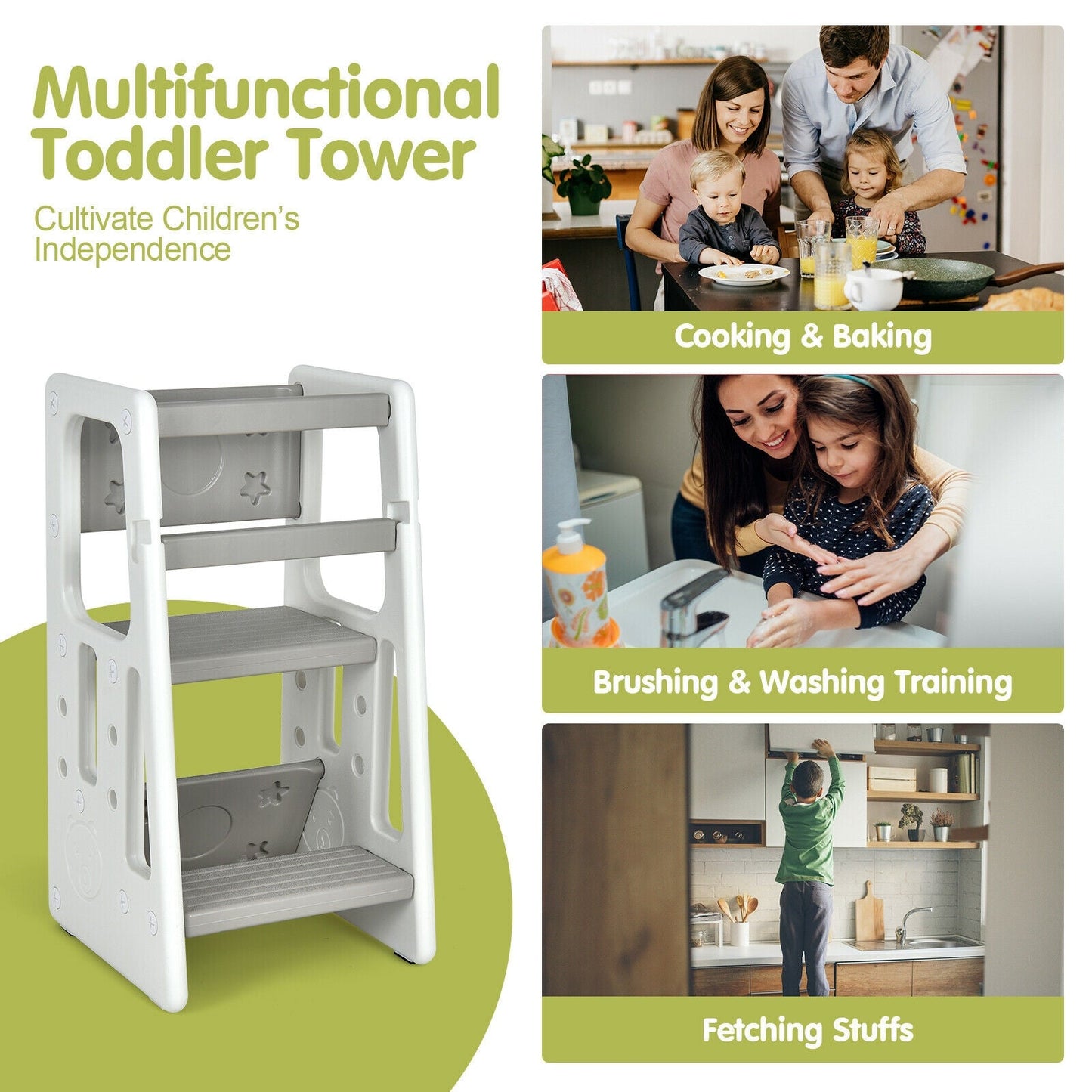 Kids Kitchen Step Stool with Double Safety Rails - Gray