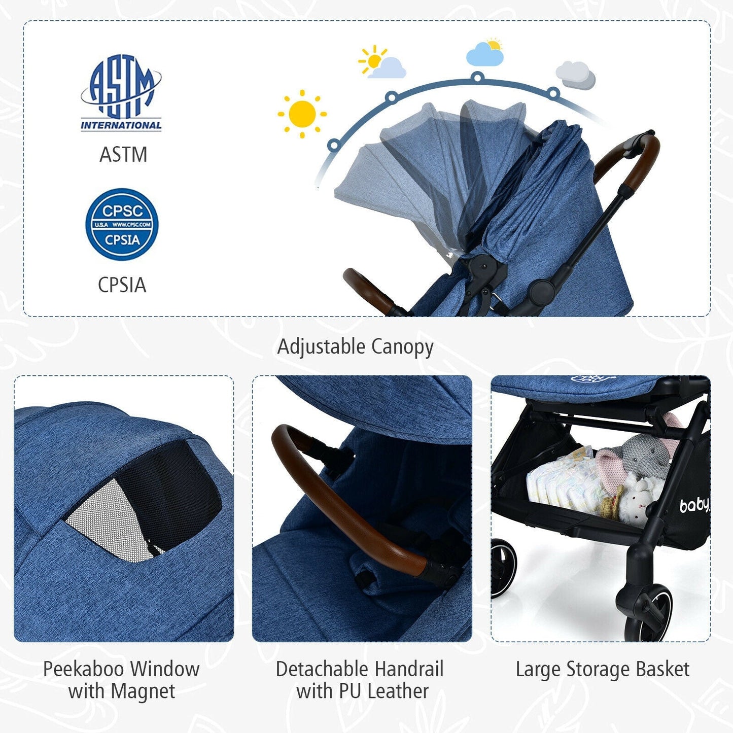 Poussette pour bébé convertible 2-en-1 en aluminium avec auvent réglable - Bleu