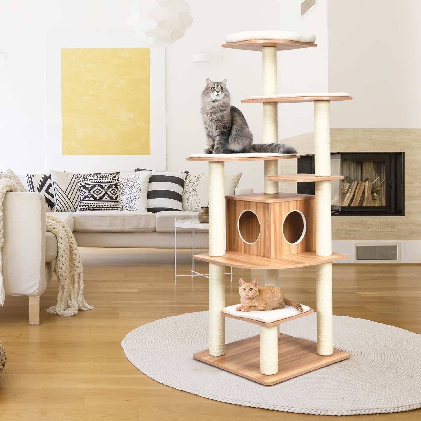 7-Layer Wooden Cat Tree with Sisal Posts and Condo - Natural