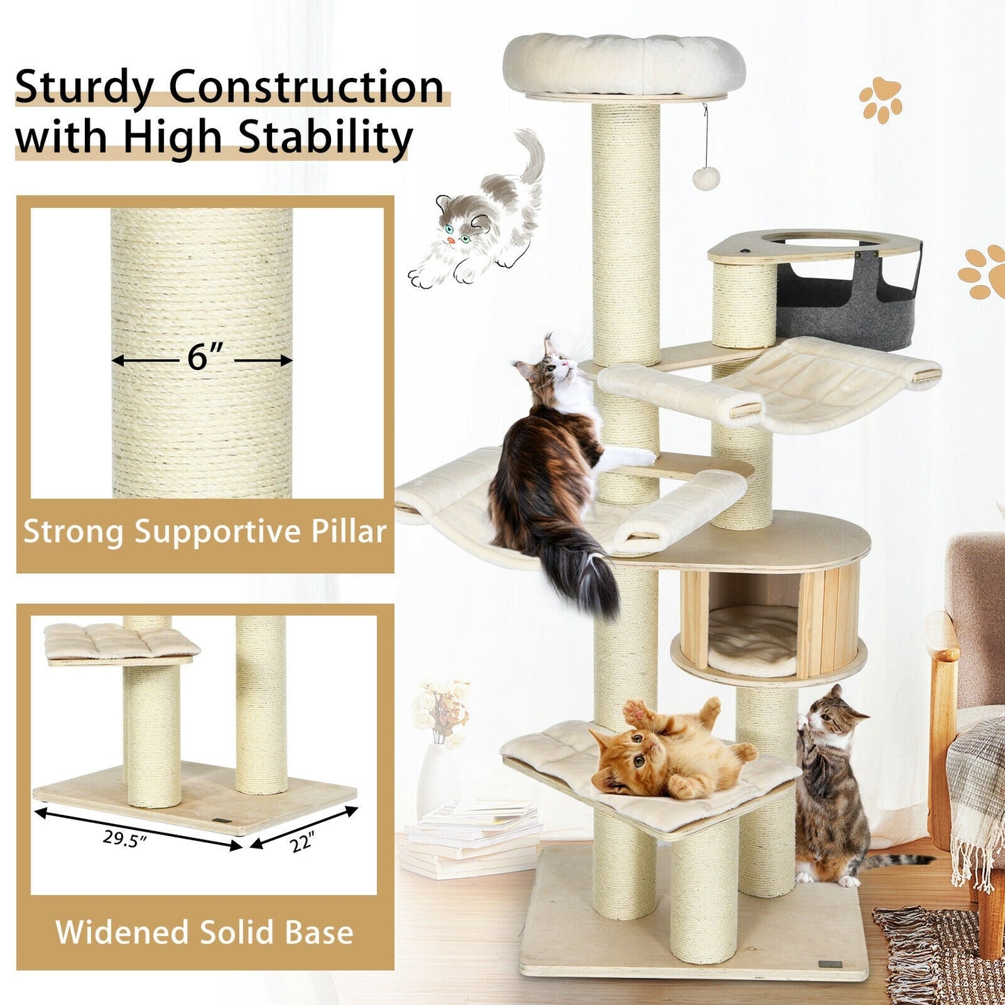 77.5-Inch Multi-Level Cat Tree Condo - Cream White