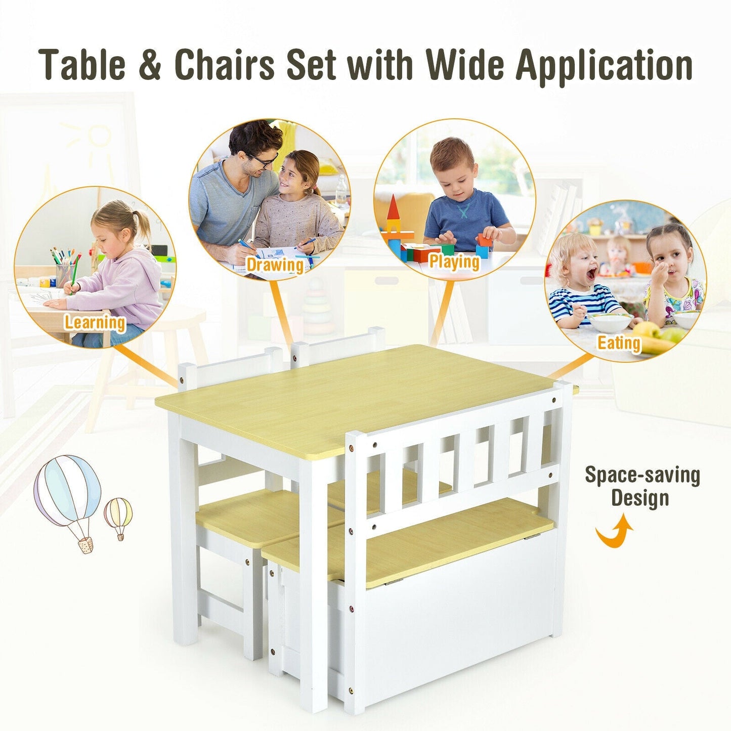 4-Piece Kids Wooden Activity Table and Chairs Set