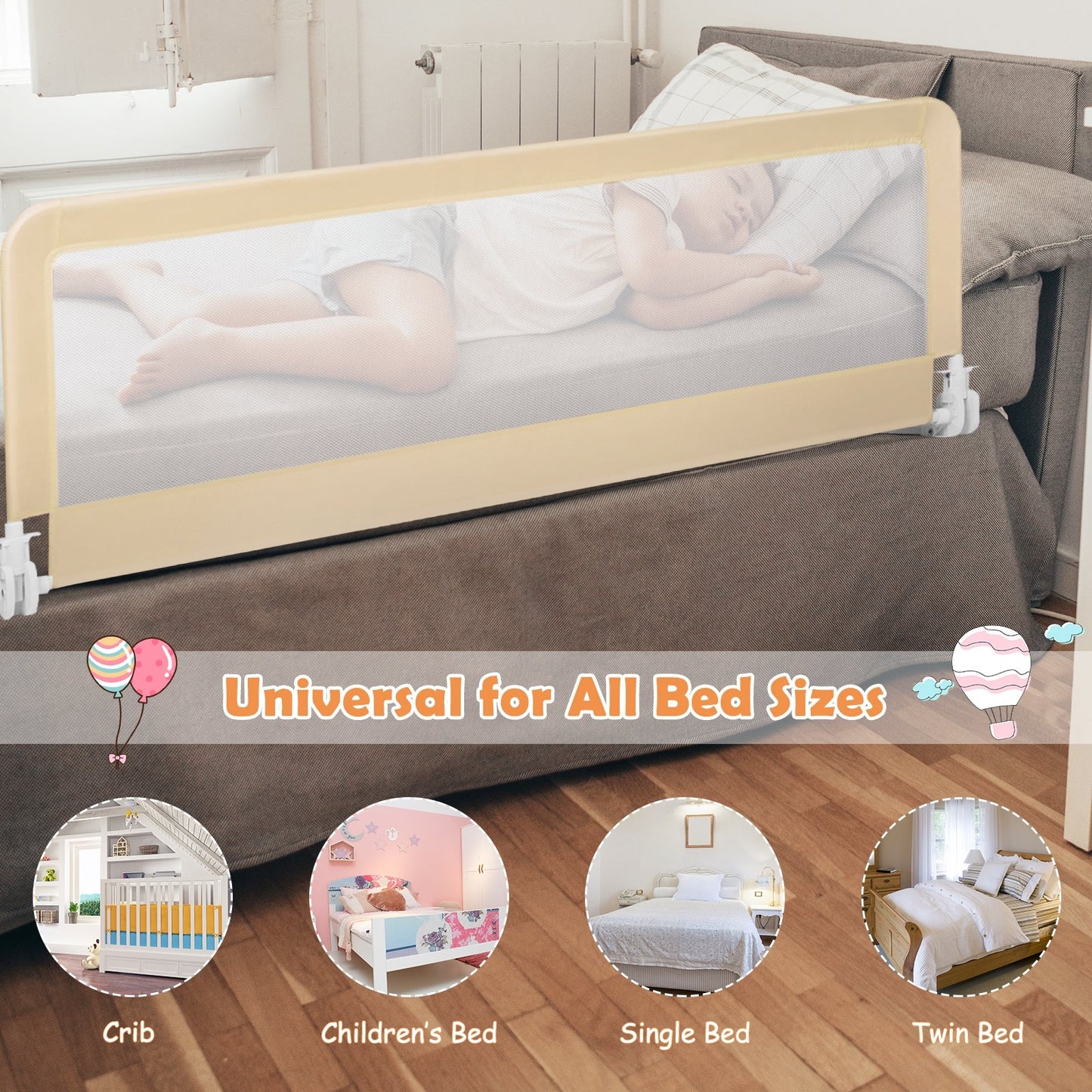 59 Inch Folding Baby Bed Rail Guard - Beige