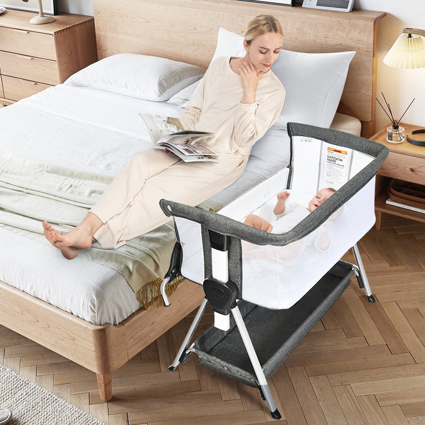Adjustable Baby Bedside Crib with Large Storage - Dark Gray