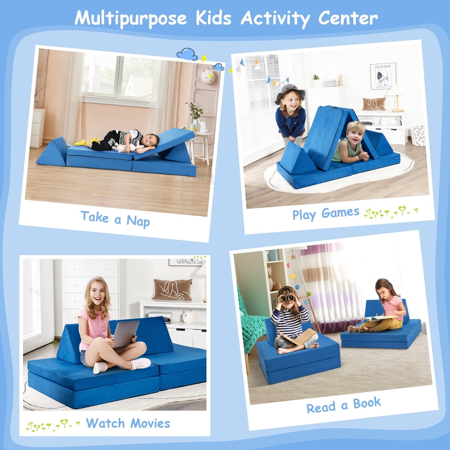 Ensemble de canapé convertible pour enfants en 4 pièces avec tapis pliants - Bleu