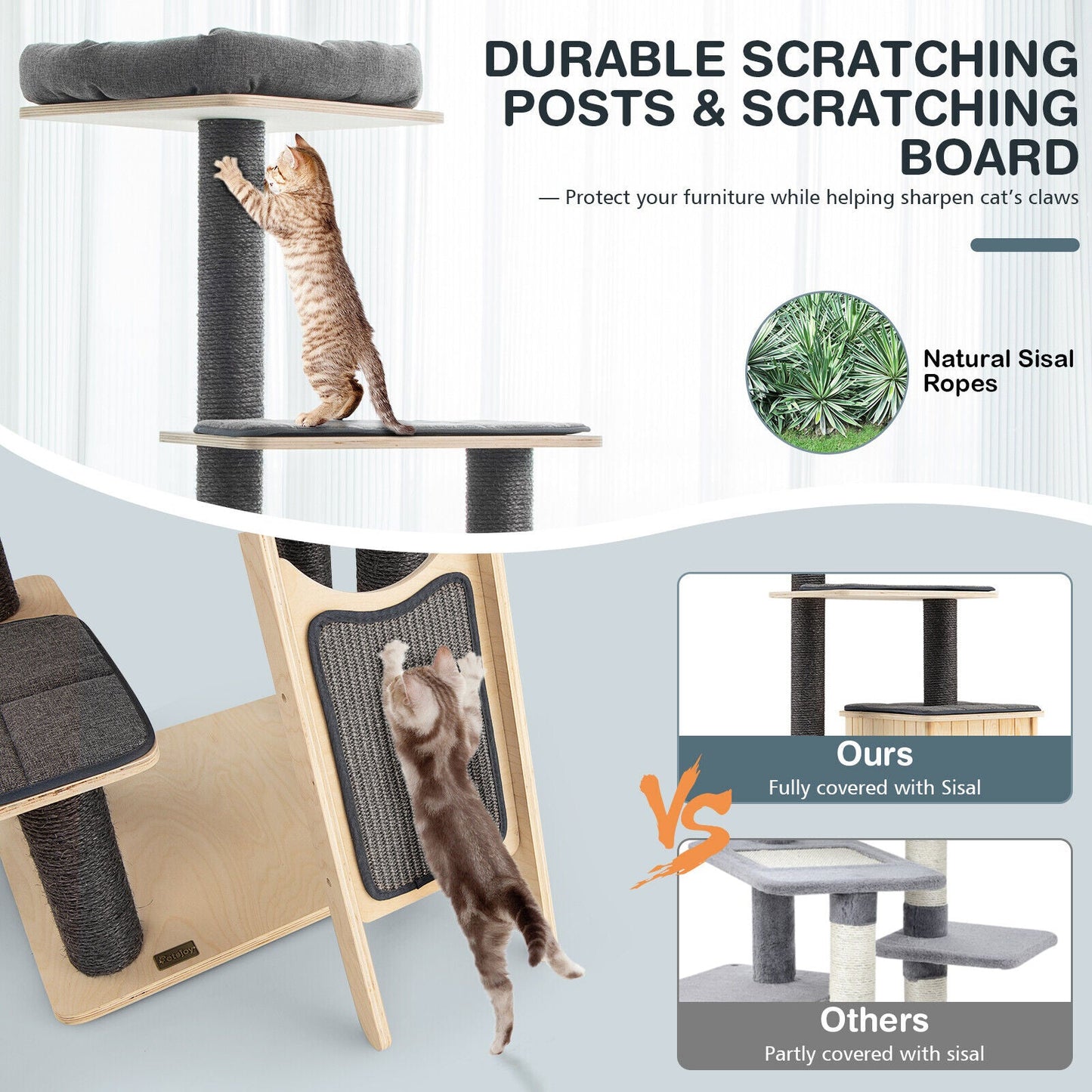 5-Tier Modern Wood Cat Tower with Washable Cushions - Gray