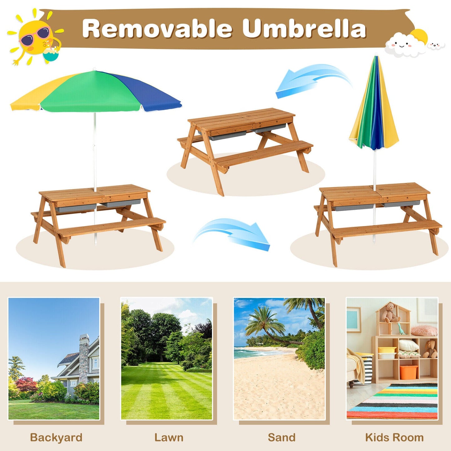 3-in-1 Kids Outdoor Picnic Water Sand Table with Umbrella - Yellow
